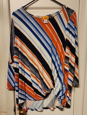 Ruby Rd. Striped Draped Tunic in Orange, Blue, Black and Cream
